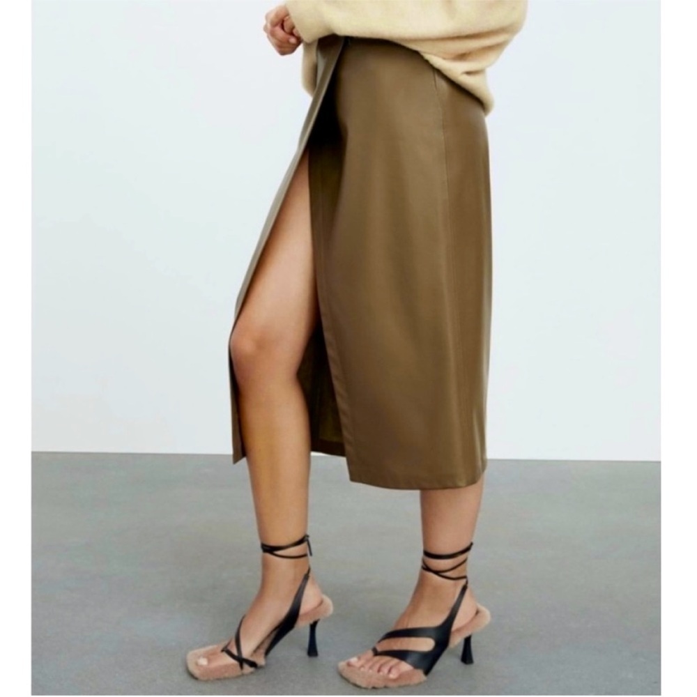 Zara Vegan Faux Leather Olive Green Pencil Skirt - M split front -viral skirt - Picture 3 of 6